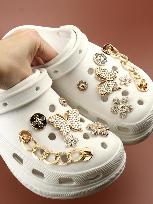 Rhinestone Decorated Shoes Charms, Including Flowers & Butterfly & Chain Design, Women's Fashionable Shoes Decorations Jewelry for Clogs, Trendy Shoes Decorations Accessories for Clogs