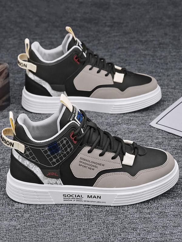 Men's Casual Letter Patched Design Lace-up Front High Top Sneakers, 1 Pair Fashion Comfortable PU Leather Skate Sports Shoes for Boy for Daily Life, Patched Design Walking Shoes