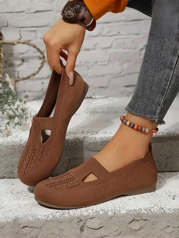 Women's Solid Color Slip-on Flat Shoes, Breathable Hollow Out Design Knit Shoes, Casual Comfortable & Soft Walking Shoes for Daily Wear