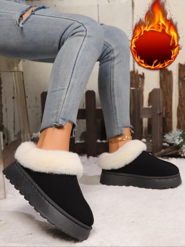 Women's Solid Color Faux Fur Lined Slip on Snow Boots, Casual Comfortable Ankle Boots for Fall & Winter, Fluffy Winter Shoes for Indoor & Outdoor