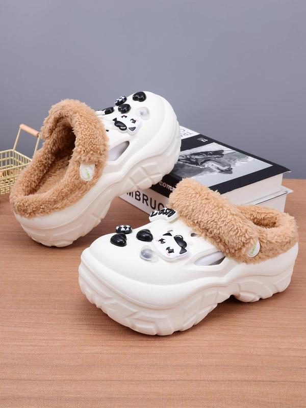 Women's Cute Cartoon Cat Decor Plush Clogs, Casual Soft Comfortable Home Slippers, Warm Slippers for Indoor & Outdoor Use for Fall & Winter