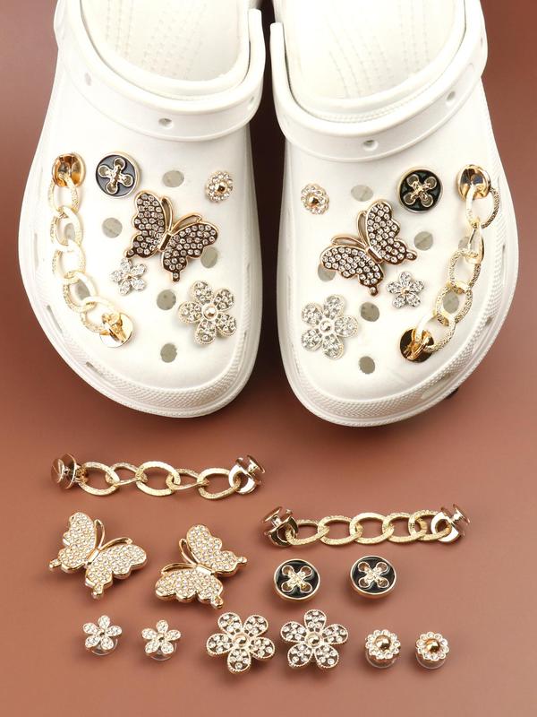 Rhinestone Decorated Shoes Charms, Including Flowers & Butterfly & Chain Design, Women's Fashionable Shoes Decorations Jewelry for Clogs, Trendy Shoes Decorations Accessories for Clogs