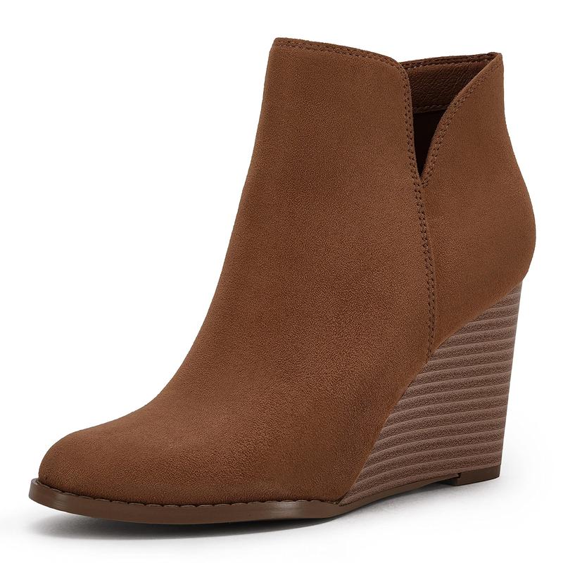 Womens V Cut Wedge Ankle Booties Zip-up Closed Toe Stacked Heel Faux Suede Winter Boots