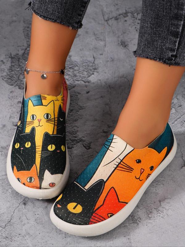 Women's Cute Cat Pattern Slip on Flats, Casual Comfortable Flat Shoes for Daily Wear, Female All-match Round Toe Shoes for Daily Wear