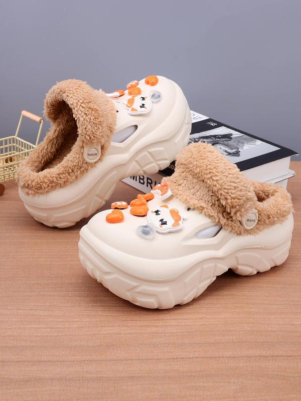 Women's Cute Cartoon Cat Decor Plush Clogs, Casual Soft Comfortable Home Slippers, Warm Slippers for Indoor & Outdoor Use for Fall & Winter