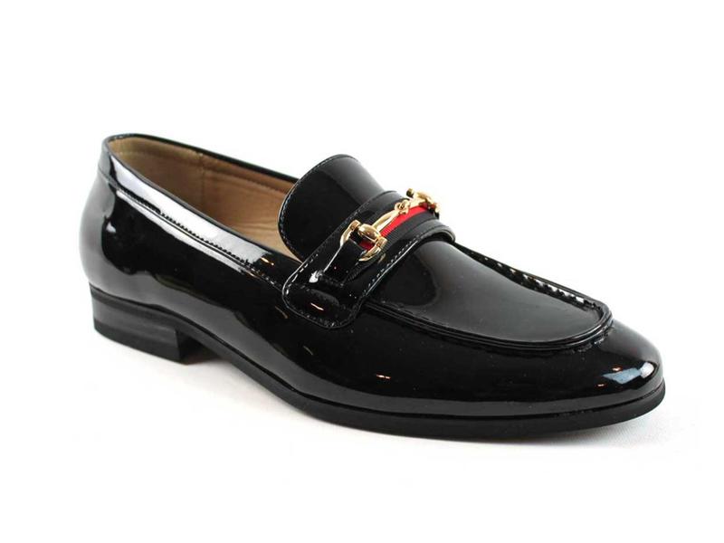 Slip On Patent Black Tuxedo Loafers With Gold Buckle Men's Dress Formal Shoes AZARMAN