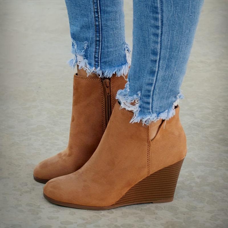 Womens V Cut Wedge Ankle Booties Zip-up Closed Toe Stacked Heel Faux Suede Winter Boots