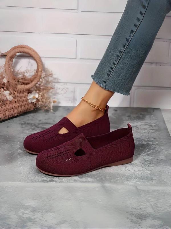 Women's Solid Color Slip-on Flat Shoes, Breathable Hollow Out Design Knit Shoes, Casual Comfortable & Soft Walking Shoes for Daily Wear