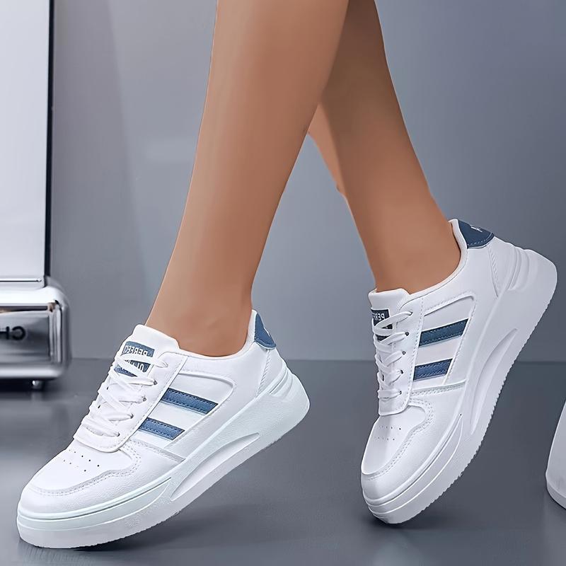 Women's Colorblock Trendy Sneakers, Lace Up Soft Sole Platform Skate Shoes, Low-top Walking White Shoes plus size