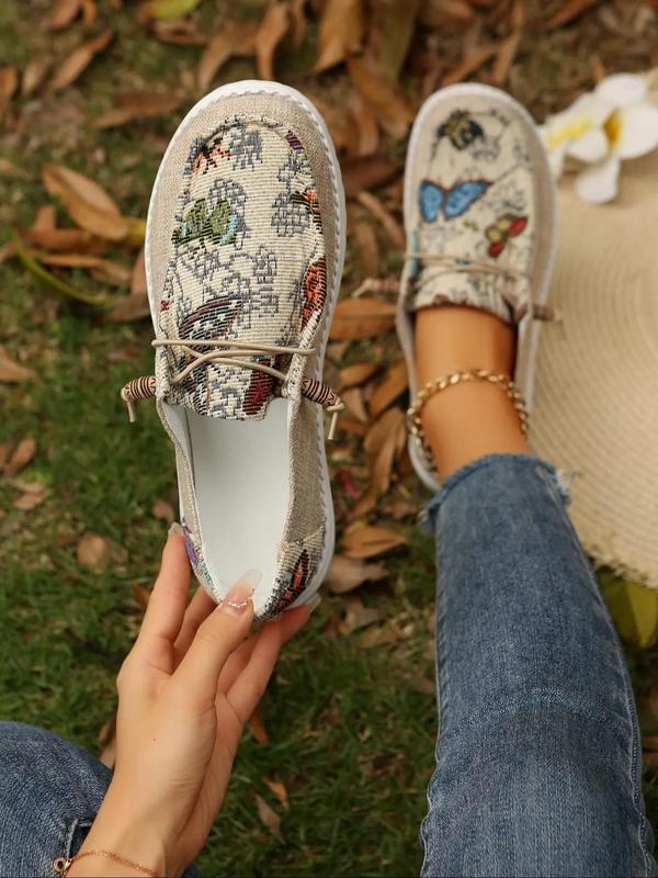 Women's Butterfly Embroidery Slip on Loafers, Casual Comfortable Fabric Boat Shoes, Female All-match Round Toe Shoes for Daily Wear