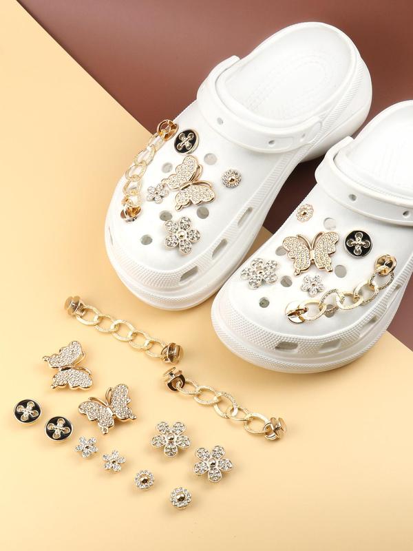 Rhinestone Decorated Shoes Charms, Including Flowers & Butterfly & Chain Design, Women's Fashionable Shoes Decorations Jewelry for Clogs, Trendy Shoes Decorations Accessories for Clogs