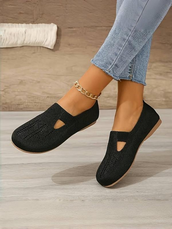 Women's Solid Color Slip-on Flat Shoes, Breathable Hollow Out Design Knit Shoes, Casual Comfortable & Soft Walking Shoes for Daily Wear