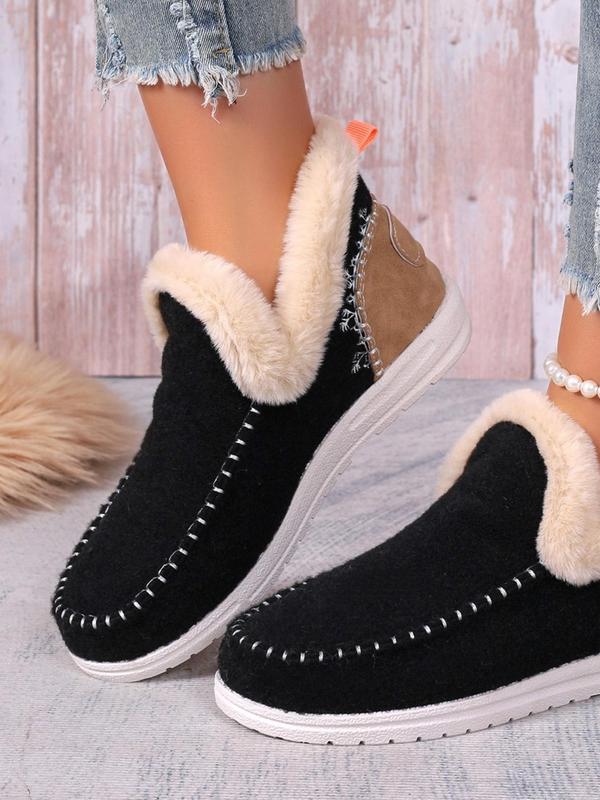 Women's Minimalist Embroidering Design Plush Lined Snow Boots, Casual Warm Ankle Boots for Fall & Winter, Fluffy Winter Shoes for Women & Girls