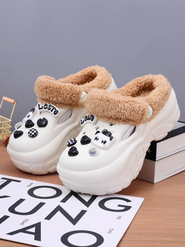 Women's Cute Cartoon Cat Decor Plush Clogs, Casual Soft Comfortable Home Slippers, Warm Slippers for Indoor & Outdoor Use for Fall & Winter