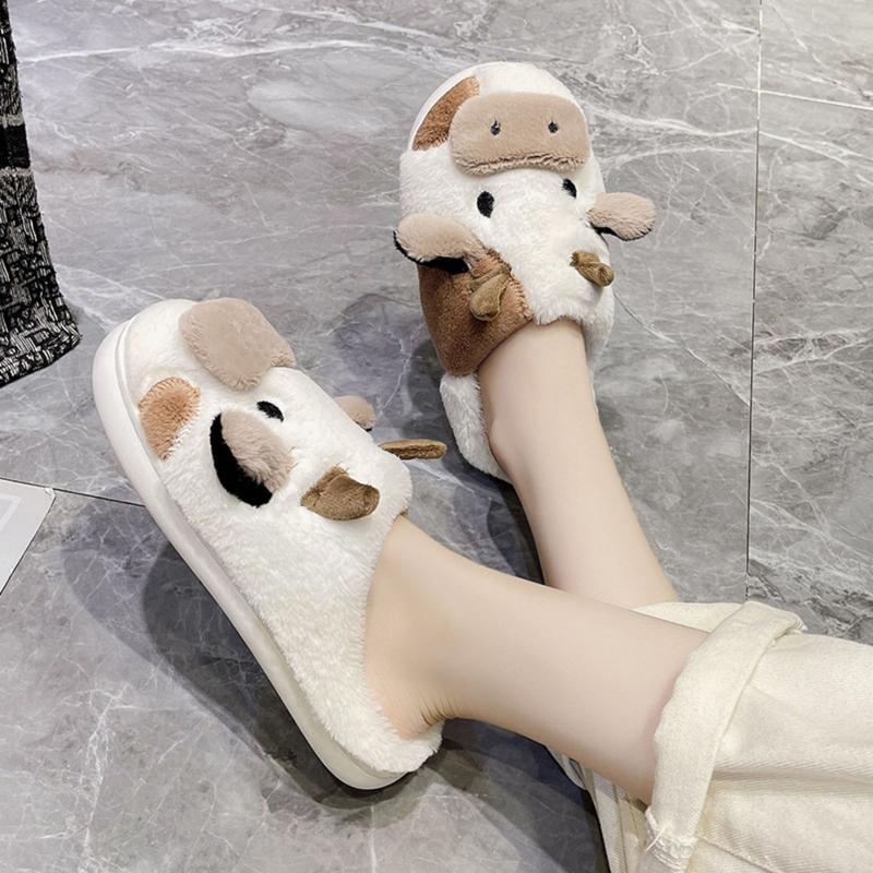 Cozy Cotton Cow Slippers for Women Winter Indoor Outdoor Slippers for Women Cute Animal Bedroom Shoes