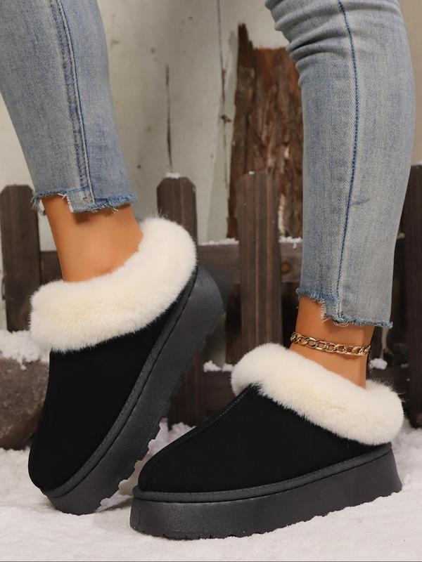 Women's Solid Color Faux Fur Lined Slip on Snow Boots, Casual Comfortable Ankle Boots for Fall & Winter, Fluffy Winter Shoes for Indoor & Outdoor