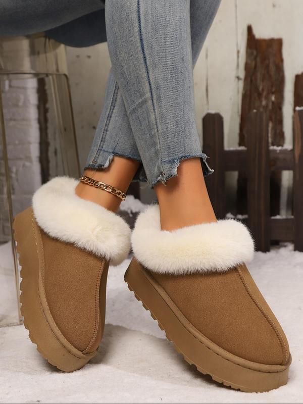 Women's Solid Color Faux Fur Lined Slip on Snow Boots, Casual Comfortable Ankle Boots for Fall & Winter, Fluffy Winter Shoes for Indoor & Outdoor