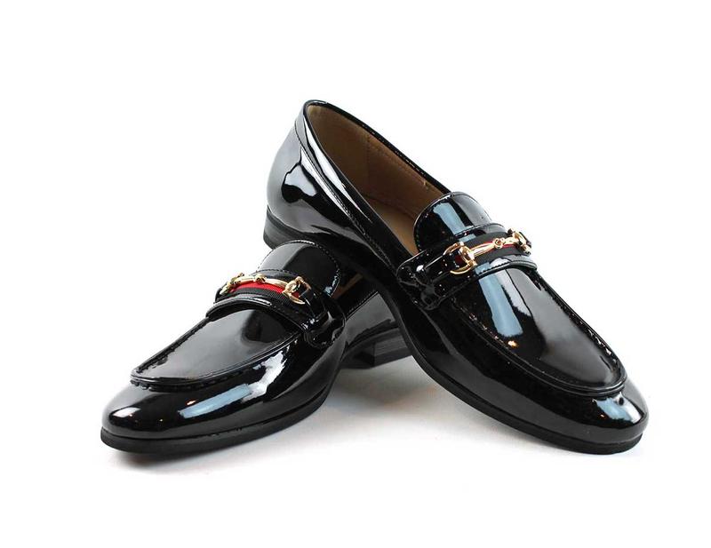 Slip On Patent Black Tuxedo Loafers With Gold Buckle Men's Dress Formal Shoes AZARMAN