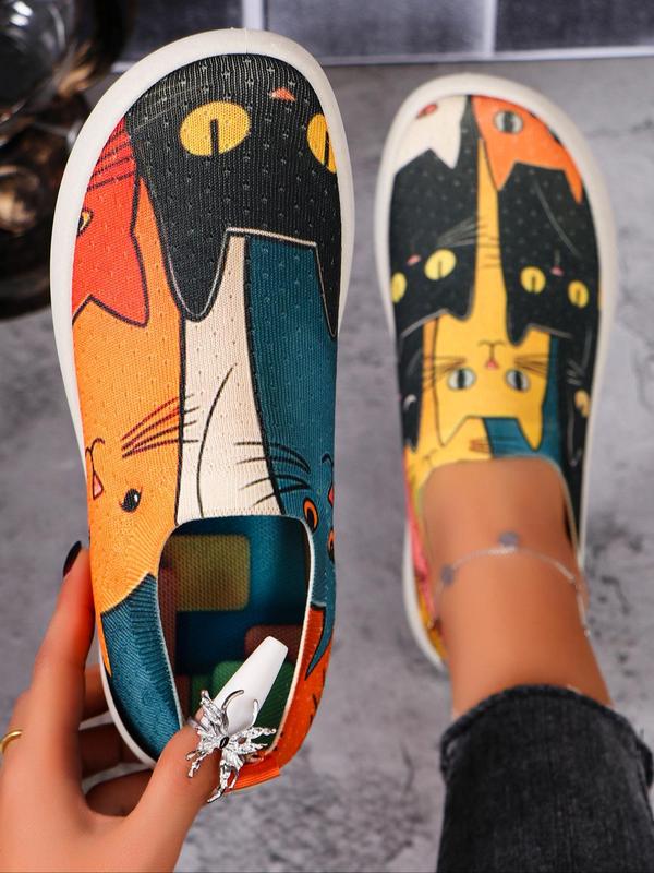 Women's Cute Cat Pattern Slip on Flats, Casual Comfortable Flat Shoes for Daily Wear, Female All-match Round Toe Shoes for Daily Wear