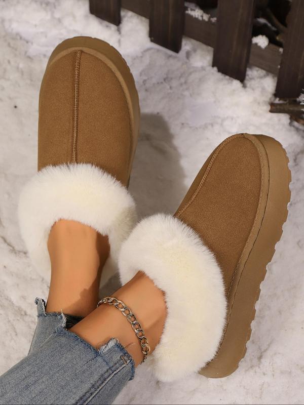 Women's Solid Color Faux Fur Lined Slip on Snow Boots, Casual Comfortable Ankle Boots for Fall & Winter, Fluffy Winter Shoes for Indoor & Outdoor