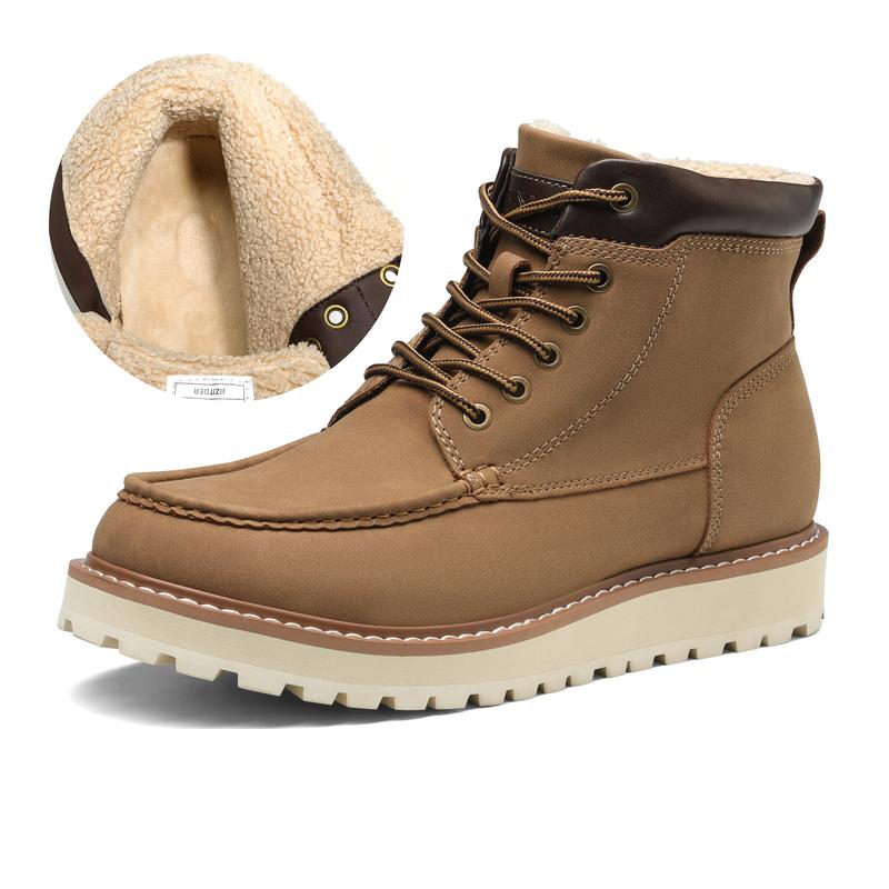 Bruno Marc Lightweight Men's Leather Fur-Lined Cuban Heel Moc Toe Boots for Winter Adventures