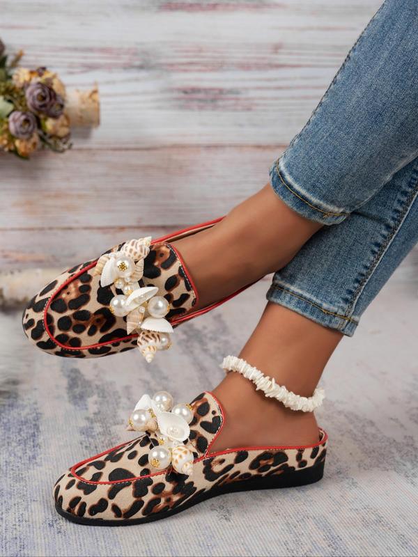 Fashion Leopard Print Faux Pearl Decorated Loafers, Casual Comfortable Round Toe Slip on Shoes for Daily Wear, Female All-match Shoes for Spring & Fall