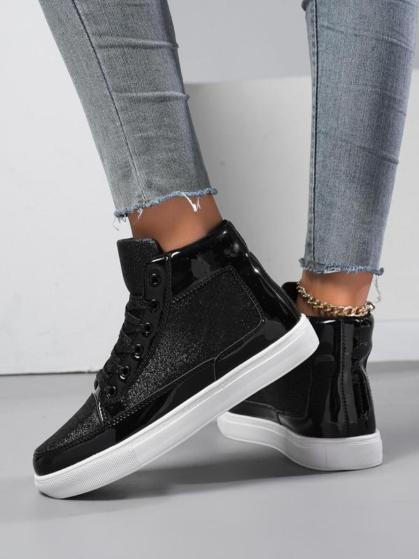 Women's Fashion Glitter High Top Lace up Skate Shoes, Casual Comfortable Round Toe Female All-match Basic Sports Shoes for Daily Wear, Spring New Trendy Shoes