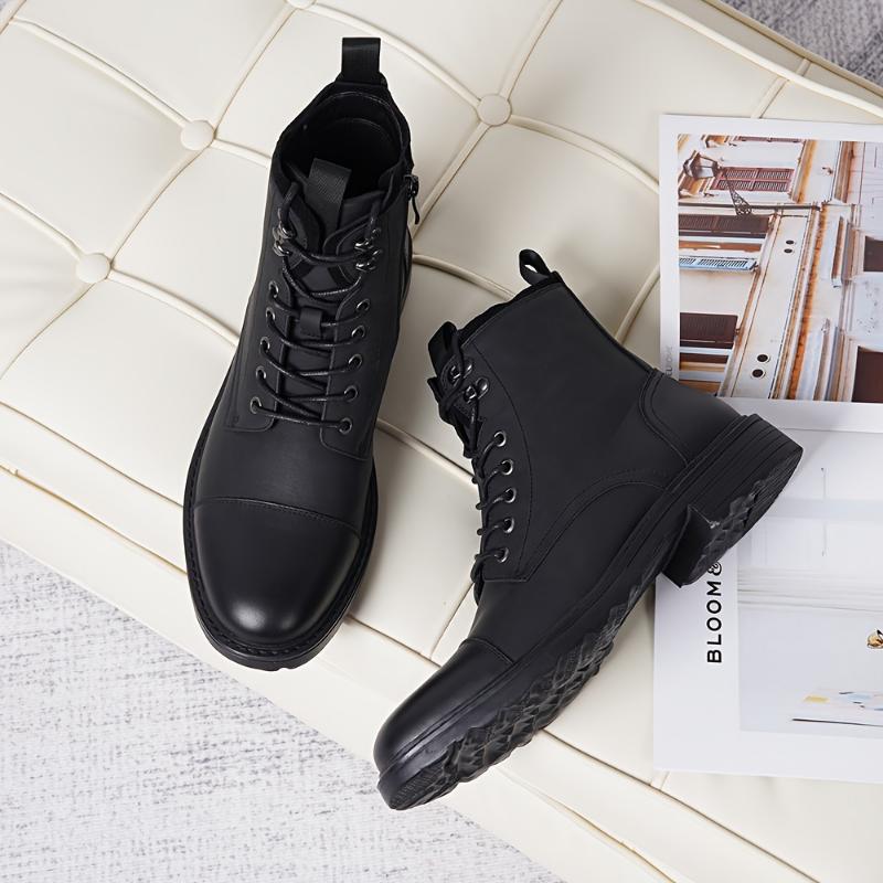 Men's Solid Cap Toe Dress Boots With PU Leather Uppers, Wear-resistant Non Slip Lace-up High Top Boots For Men's Outdoor Activities Boy Walking Shoes