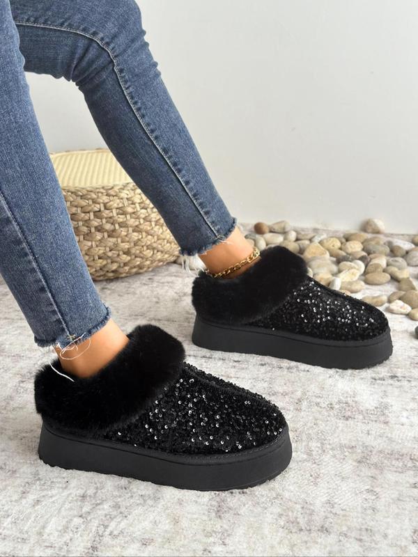 Women's Fashionable Sequin Decorated Platform Slippers, Casual Soft Comfortable Home Slippers, Warm Slippers for Indoor & Outdoor Use for Fall & Winter