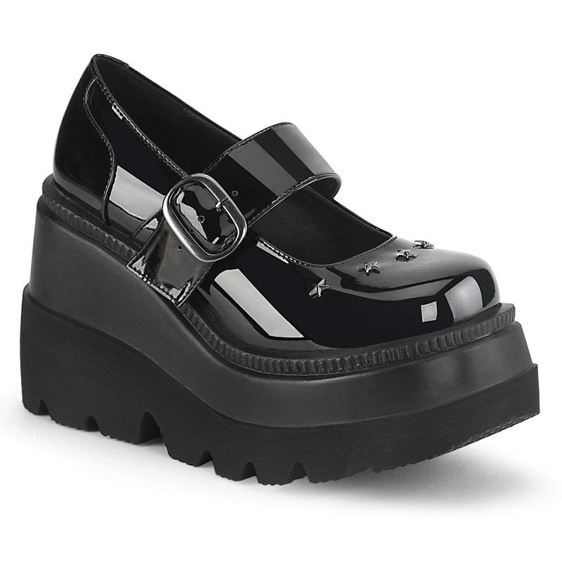 Demonia Shaker-23 Black Patent Platforms