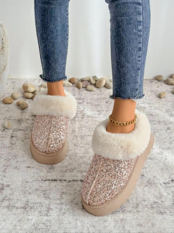 Women's Fashionable Sequin Decorated Platform Slippers, Casual Soft Comfortable Home Slippers, Warm Slippers for Indoor & Outdoor Use for Fall & Winter