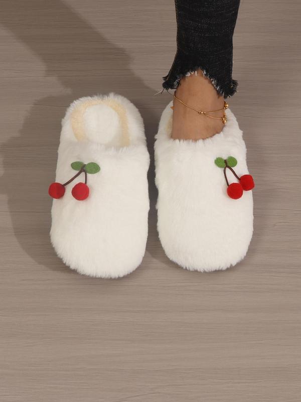 Women's Cute Cherry Design Plush Slippers, Fashion Fluffy Soft and Comfortable Bedroom Slippers for Fall & Winter, Casual Round Toe Indoor Warm Slippers, Outdoor Walking Shoes for Daily Wear