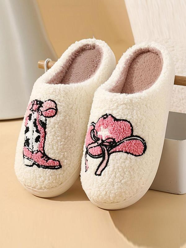 Women's Cute Hat Embroidered Design Plush Slippers, Casual Soft Comfortable Home Slippers, Warm Slippers for Indoor & Outdoor Use for Fall & Winter