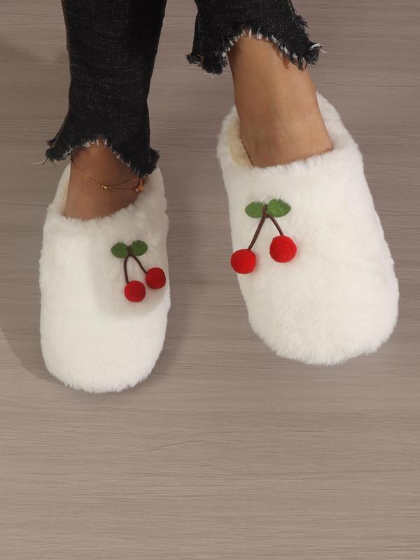 Women's Cute Cherry Design Plush Slippers, Fashion Fluffy Soft and Comfortable Bedroom Slippers for Fall & Winter, Casual Round Toe Indoor Warm Slippers, Outdoor Walking Shoes for Daily Wear