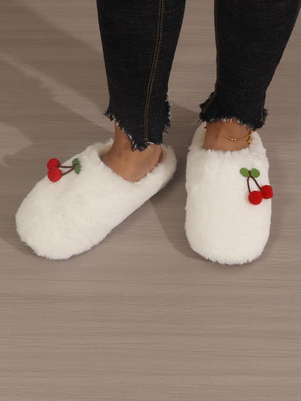 Women's Cute Cherry Design Plush Slippers, Fashion Fluffy Soft and Comfortable Bedroom Slippers for Fall & Winter, Casual Round Toe Indoor Warm Slippers, Outdoor Walking Shoes for Daily Wear