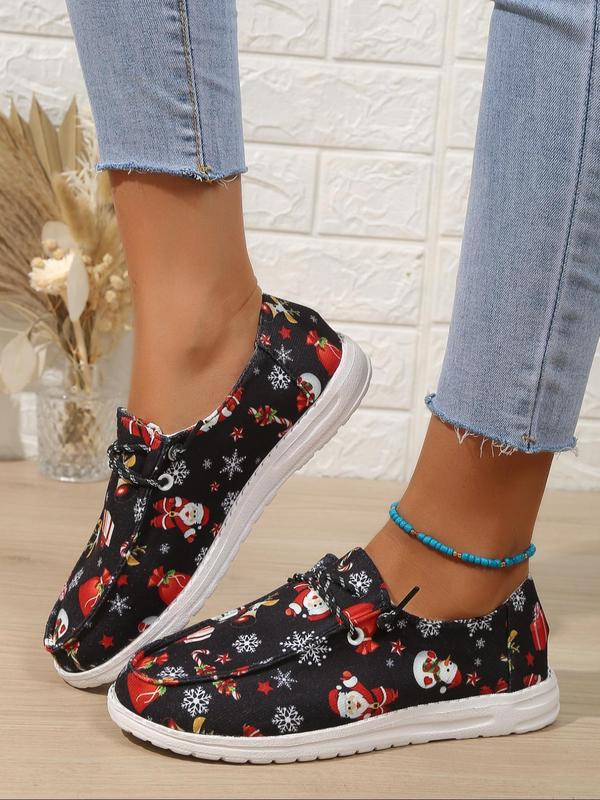 Women's Christmas Print Slip on Canvas Shoes, Casual Comfortable Low Top Shoes for Daily Wear, Female All-match Round Toe Shoes for Daily Wear