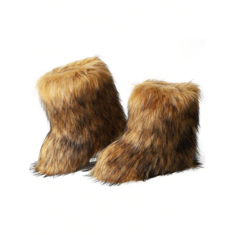 Women's Winter Trendy Furry Snow Boots Fuzzy Fluffy Round Toe Suede Booties Flat Heel Slip On Outdoor Indoor Shoes Fashion Warm Fluffy Shoes