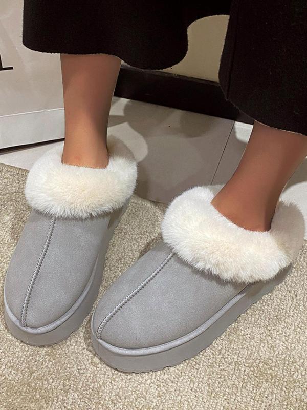 Women's Solid Color Fluffy Lined Slip on Snow Boots, 2024 Casual Soft Comfortable Non-slip Low Top Home House Slippers, Warm Shoes for Indoor & Outdoor Wear Fluffy Slippers