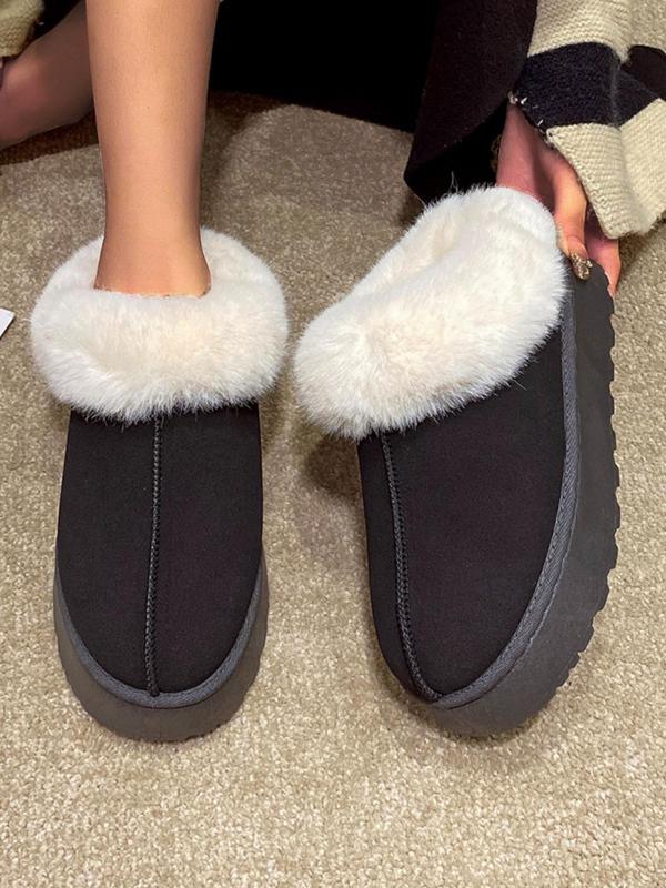 Women's Solid Color Fluffy Lined Slip on Snow Boots, 2024 Casual Soft Comfortable Non-slip Low Top Home House Slippers, Warm Shoes for Indoor & Outdoor Wear Fluffy Slippers