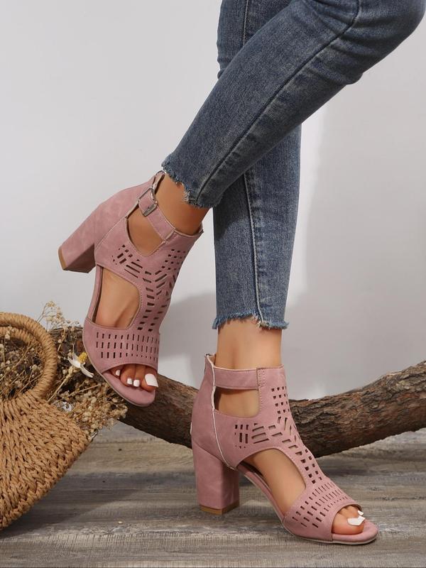 Women's Summer 2024 Fashionable Solid Color Hollowed-out Zipper High Heel Sandals, Peep Toe Sandals Chunky Heel, Ankle Strap Pumps Shoes Popular Summer Sandals for Party & Back To School