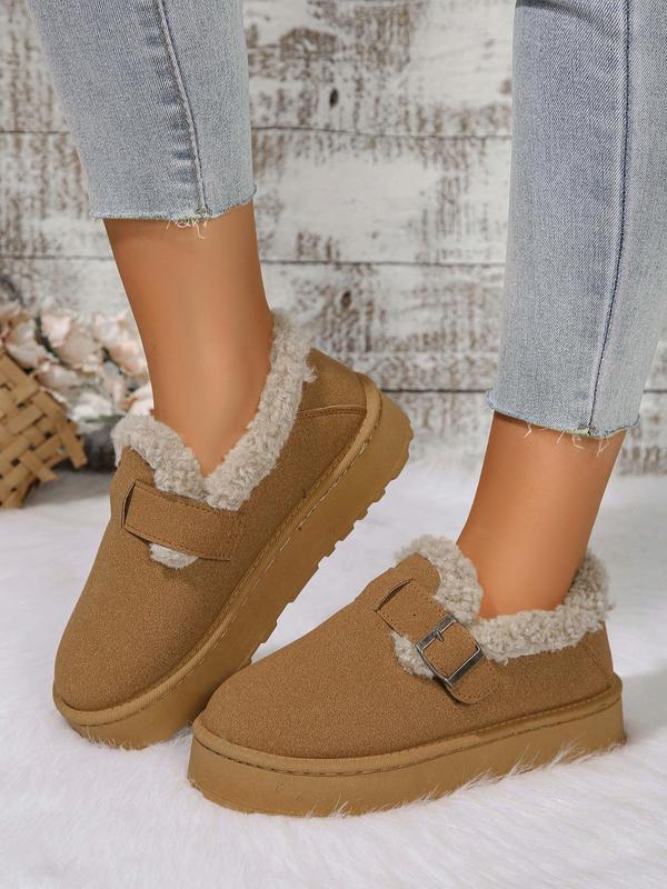 Women's Solid Color Fluffy Lined Warm Platform Shoes, Casual Round Toe Buckle Design Platform Shoes for Winter, Female All-match Trendy Shoes for Daily Wear