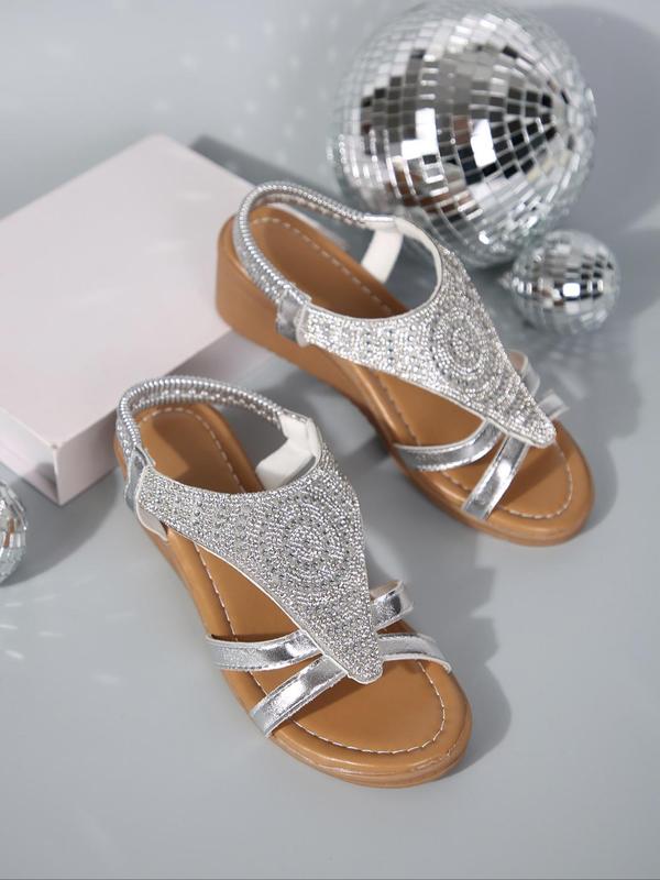 Women's Fashion Rhinestone Decor Hollow Out Design Slip on Wedges Sandals, Casual and Versatile Sandals, Summer Beach Designer Sandals