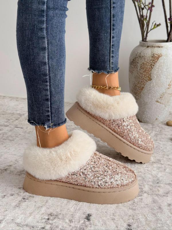 Women's Fashionable Sequin Decorated Platform Slippers, Casual Soft Comfortable Home Slippers, Warm Slippers for Indoor & Outdoor Use for Fall & Winter