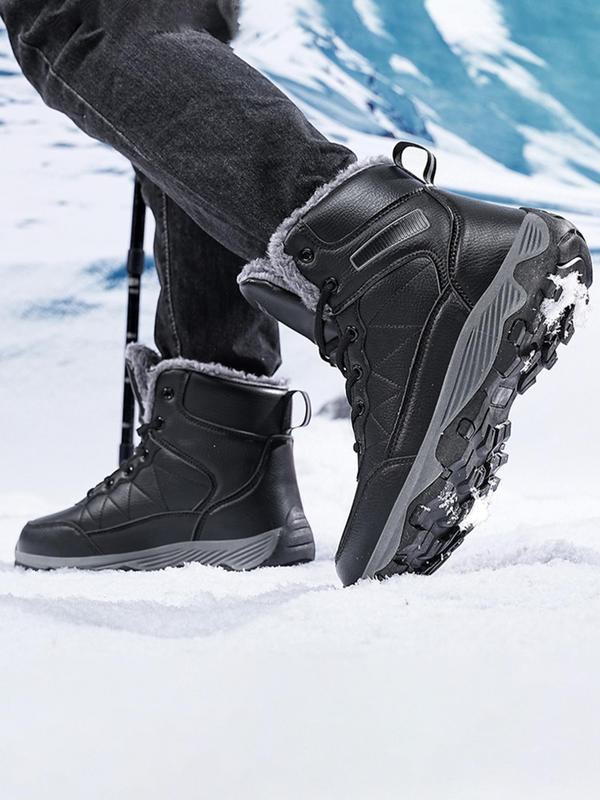 Men's Solid Color Lace Up Ankle Snow Boots, Casual Warm Plush Design Snow Boots for Fall & Winter, Fashionable Shoes for Daily Wear