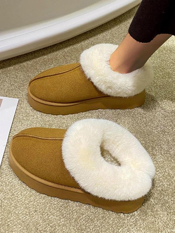 Women's Solid Color Fluffy Lined Slip on Snow Boots, 2024 Casual Soft Comfortable Non-slip Low Top Home House Slippers, Warm Shoes for Indoor & Outdoor Wear Fluffy Slippers