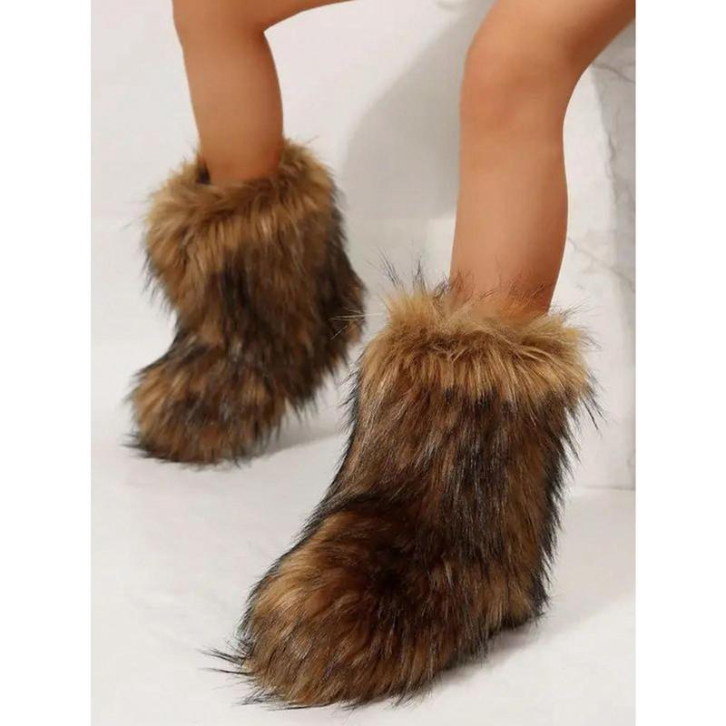 Women's Winter Trendy Furry Snow Boots Fuzzy Fluffy Round Toe Suede Booties Flat Heel Slip On Outdoor Indoor Shoes Fashion Warm Fluffy Shoes