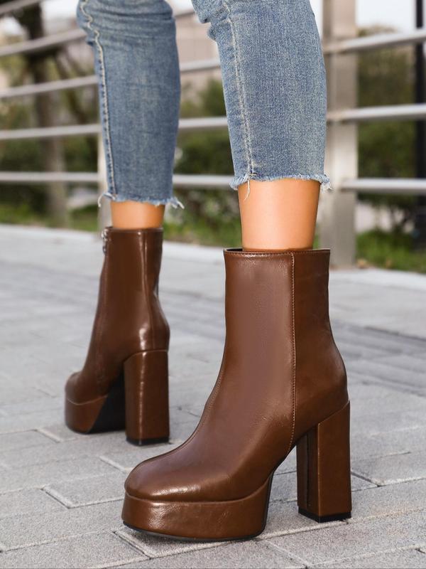 Women's Solid Color Zipper Side Boots, Fashionable Square Toe High Heel Boots for Latin Dance, Female All-match Trend Shoes for Holiday Gift Daily Wear