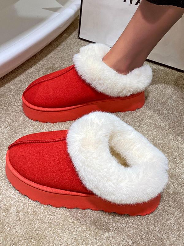 Women's Solid Color Fluffy Lined Slip on Snow Boots, 2024 Casual Soft Comfortable Non-slip Low Top Home House Slippers, Warm Shoes for Indoor & Outdoor Wear Fluffy Slippers