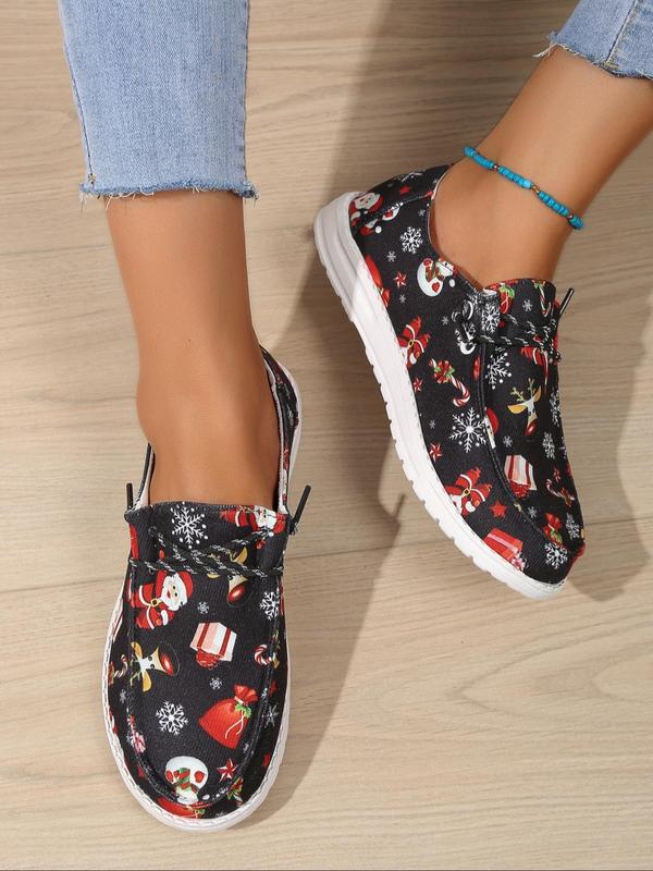 Women's Christmas Print Slip on Canvas Shoes, Casual Comfortable Low Top Shoes for Daily Wear, Female All-match Round Toe Shoes for Daily Wear