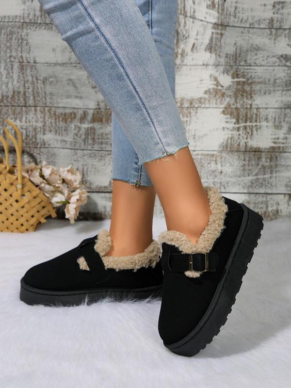 Women's Solid Color Fluffy Lined Warm Platform Shoes, Casual Round Toe Buckle Design Platform Shoes for Winter, Female All-match Trendy Shoes for Daily Wear